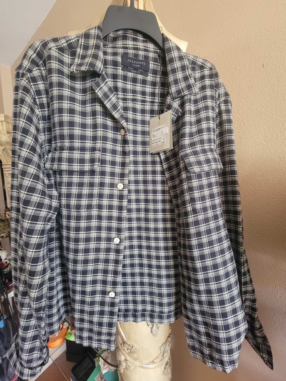 All Saints Men's/Womens  Black and White Plaid Button-Down Shirt
